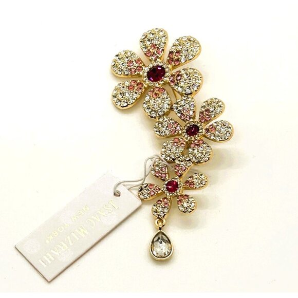 Isaac Mizrahi Floral Brooch Clear and Pink Crystal Flowers with Tag  Statement - Picture 3 of 13